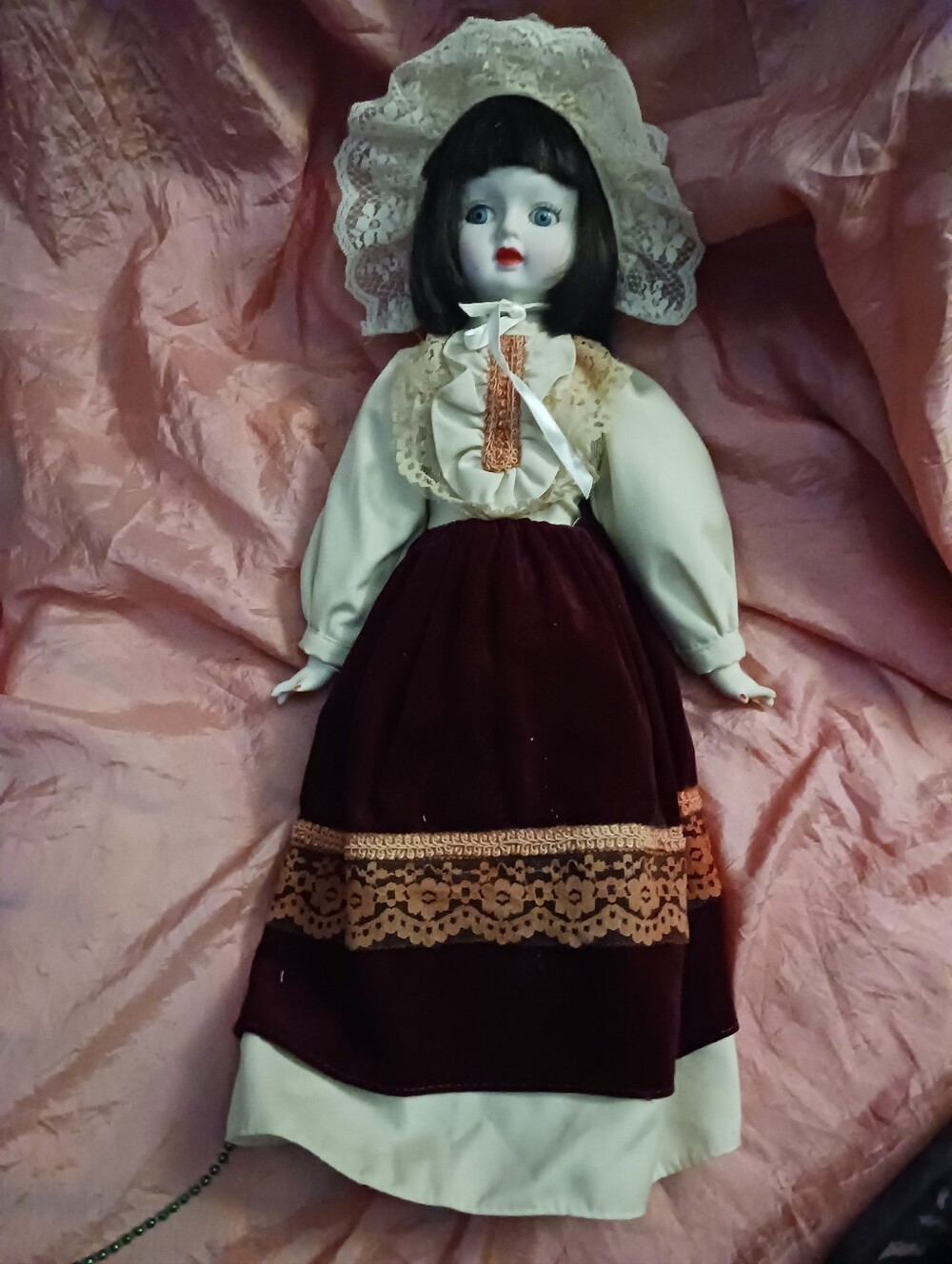 Classic Porcelain Doll in Burgundy Velvet Dress - Collectible Kids Toy